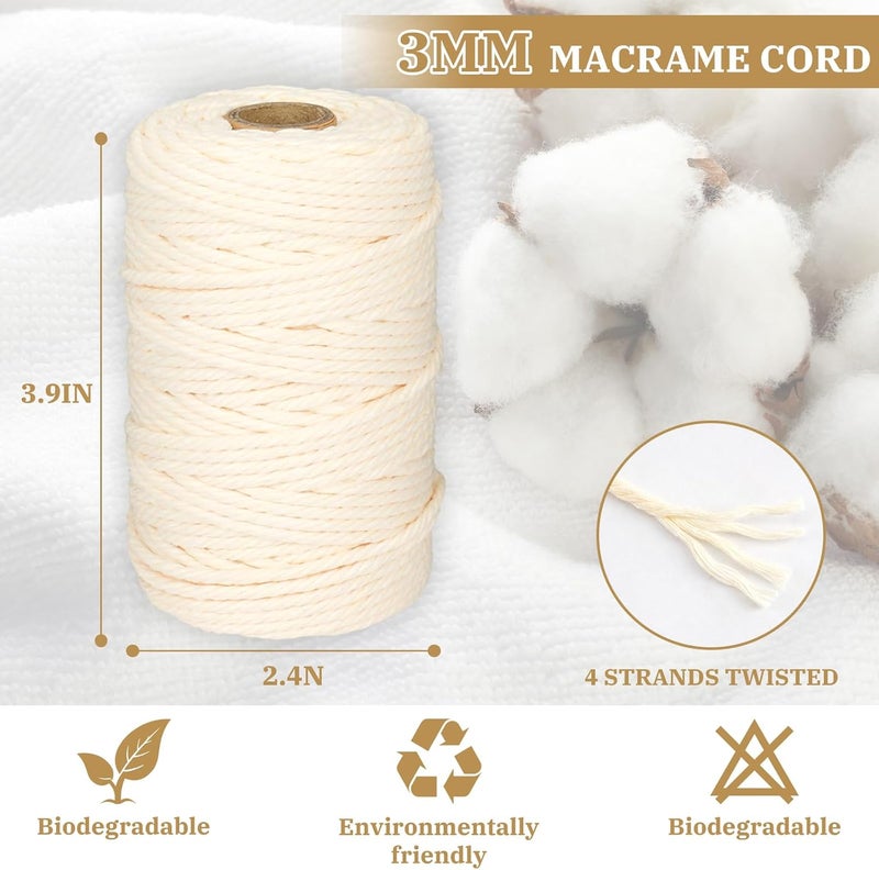 PHUNTTEK Macrame Cord 3mm x 164 Yards, 3 Rolls Beige Colored Macrame Cotton Cord Rope Kit Macrame Yarns Bulk String 4 Strands Twisted for Wall Hanger Plant Hanging DIY Crafts Knitting Macrame Supplies - Image 2